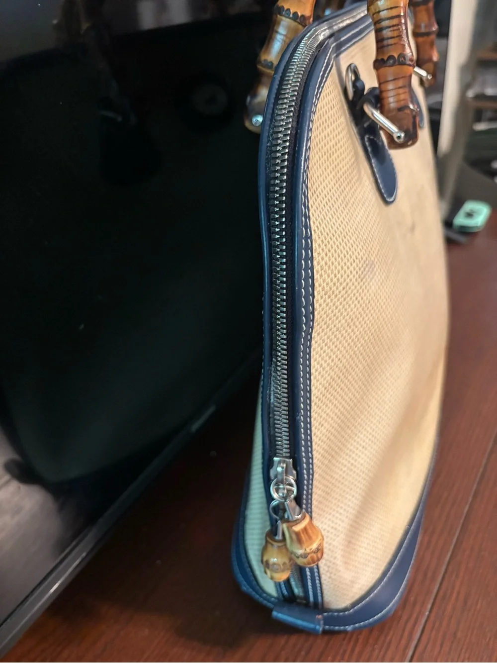 Dooney & Bourke Beige Woven Satchel with Brown Bamboo Handles and Navy Trim